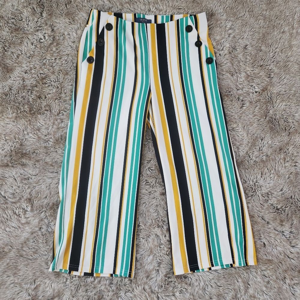 VERVE blues Wide Leg‎ Cropped Dress Pants Striped Sailor Buttons Size Medium
